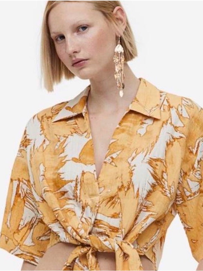 Tie-Front Yellow And White Print Women's Top